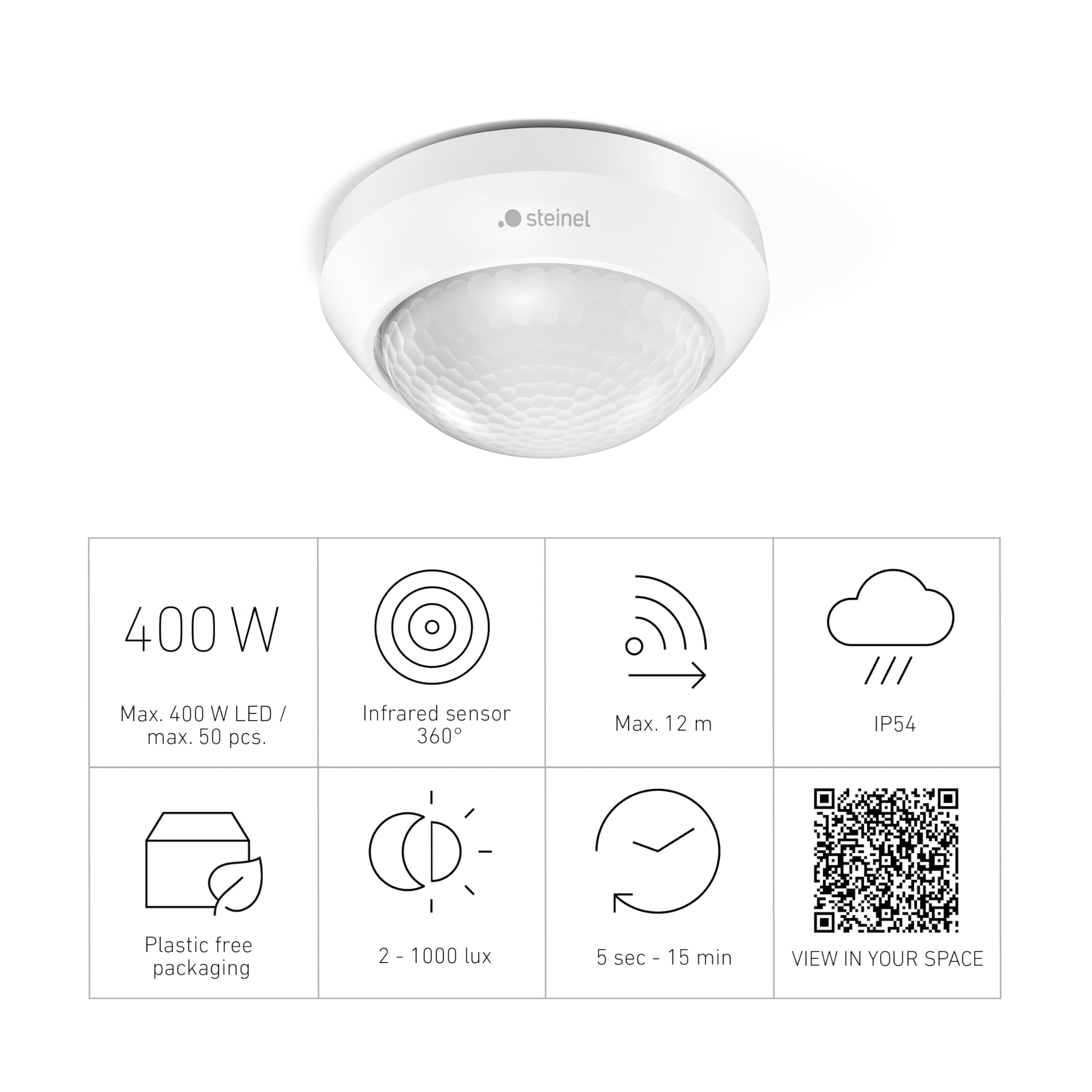 Steinel Bewegungsmelder IS 360-3 weiß, 2000 W Schaltlast, 360° PIR Sensor, 12 m Reichweite, LED geeignet, Deckenmontage