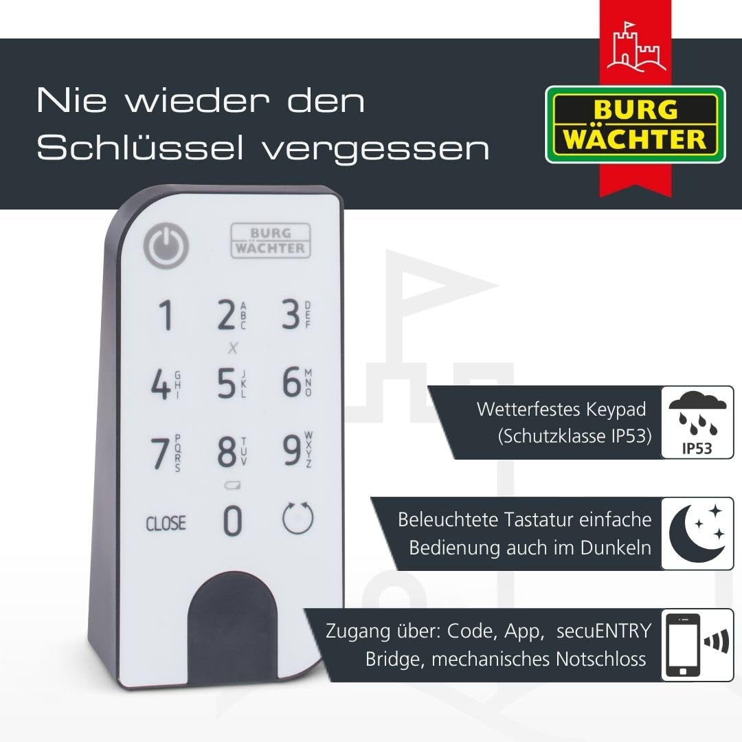 BURG-WÄCHTER Elektronisches Türschloss, Zylinder und Keypad, Öffnung mit App, Pincode oder Funkschlüssel, ENTRYeasy 7601 PIN, Schwarz/Edelstahl Tastenfeld