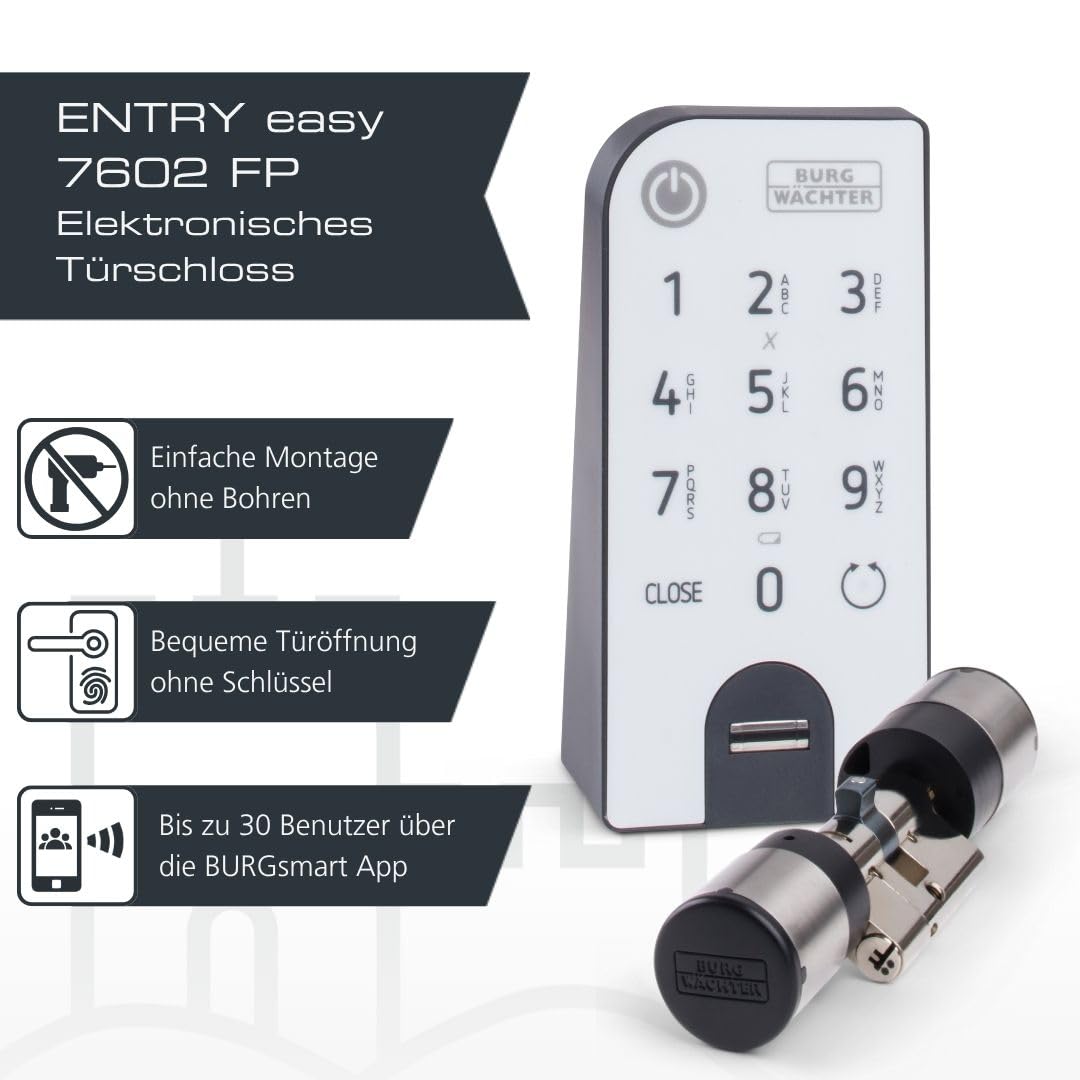 BURG-WÄCHTER Elektronisches Türschloss, Zylinder und Keypad, ENTRYeasy 7602 FP, Öffnung mit App, Fingerprint, Pincode oder Funkschlüssel, ENTRYeasy 7602 FP, Schwarz/Edelstahl, Biometrisch